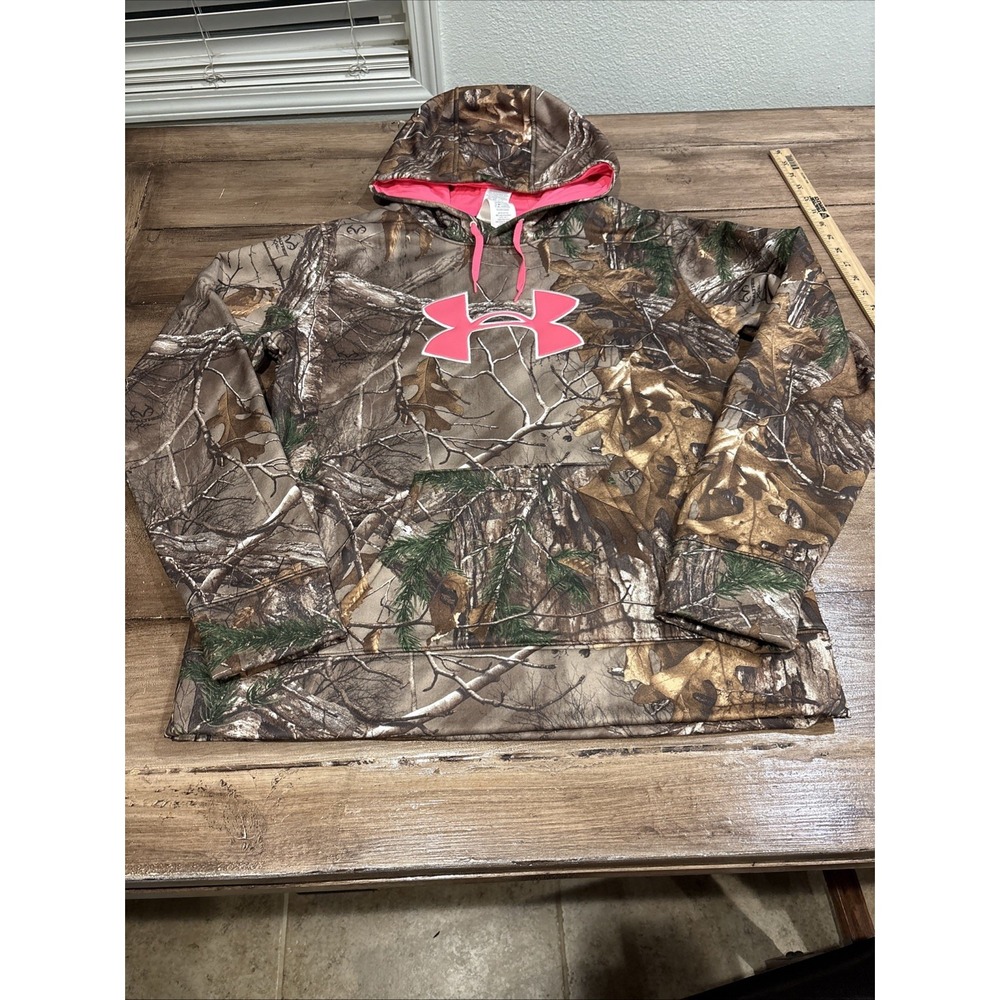 Under Armour Women's XL Mossy Oak Treestand Camo Coldgear Hoodie Pink Logo